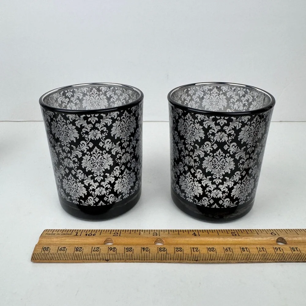 2 Damask Pattern 1 Black Gold Trim Table Tealight Candle Holders Glass Gothic